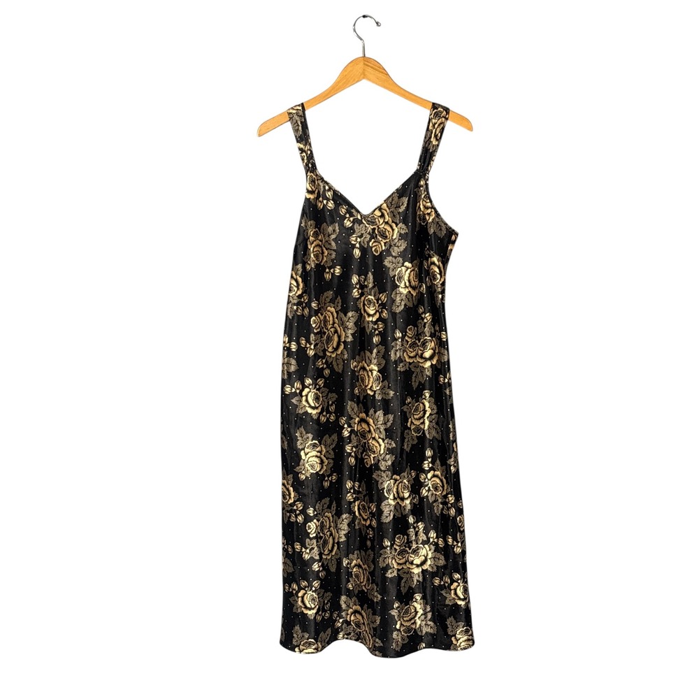 90s Morgan Taylor Gold‎ Floral Satin Slip Dress